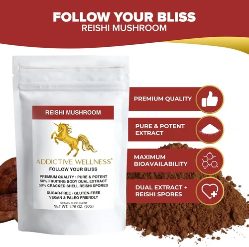 Miniatura 3 de Addictive Wellness Polvo de extracto de hongos Reishi + esporas (mezcla 50/50) cultivado en madera, puro y potente Ganoderma silvestre 50 g (1.76 oz)