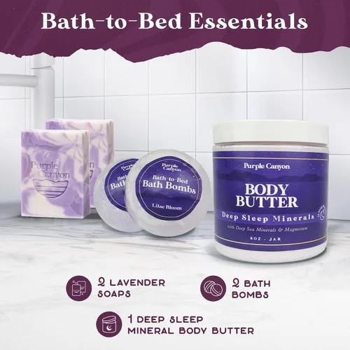 Miniatura 2 de Purple Canyon Caja de regalo de 6 piezas de lavanda para baño a cama Bombas de baño, jabón y mantequilla corporal infundidas con magnesio