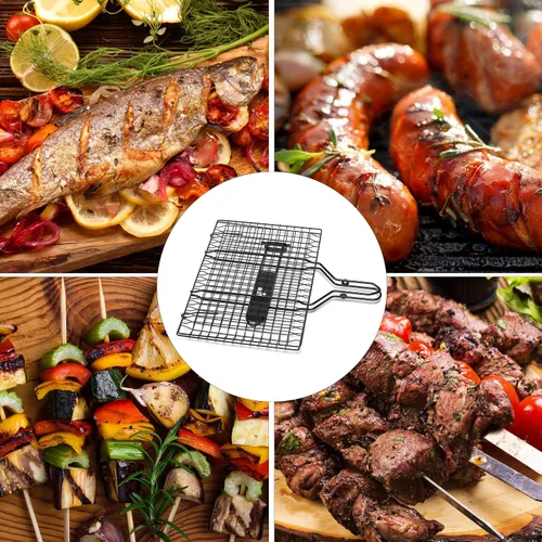 Miniatura 5 de UNCO- Cesta para parrilla de barbacoa, plegable, portátil, de acero inoxidable, con mango de madera extraíble y cepillo para untar, para verduras
