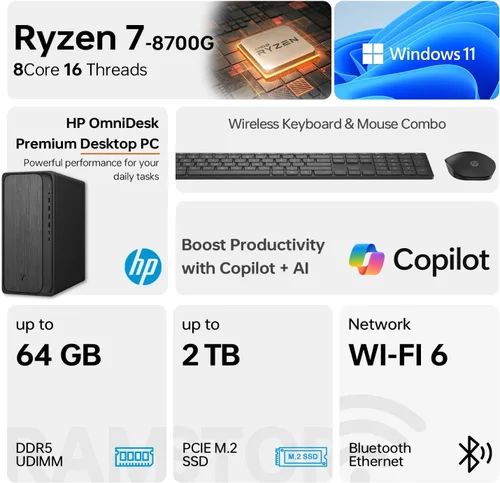 Miniatura 2 de HP OmniDesk M02 Tower Desktop para uso doméstico y oficina, AMD Ryzen 7 8700G Rendimiento para productividad, 16 GB DDR5 RAM, 1 TB SSD, Windows 11