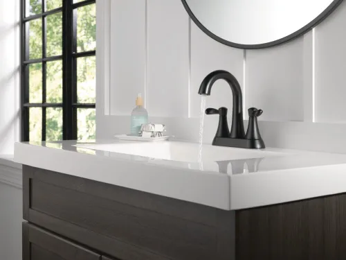 Miniatura 7 de Delta 25897LF Esato 1.2 GPM Grifo de baño central de dos manijas con montaje de drenaje emergente de empuje - negro mate