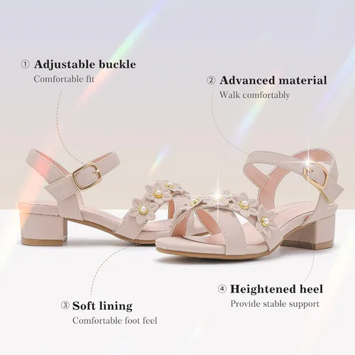 Miniatura 4 de Sandalias para niñas, tacones para niños, puntera abierta, correa al tobillo, zapatos de vestir, flores para boda, fiesta para niños pequeños