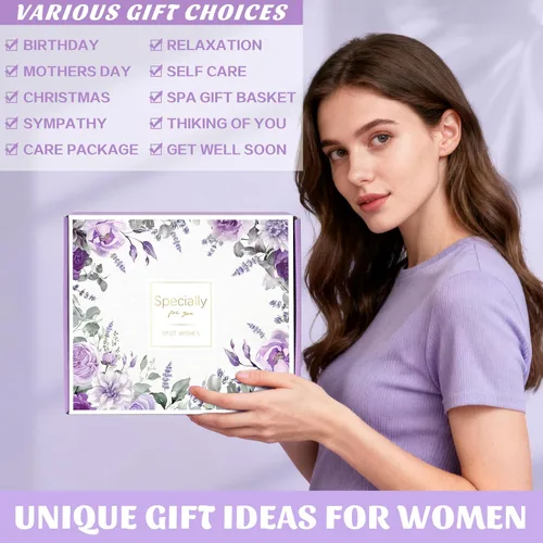 Miniatura 8 de Regalos de cumpleaños para mujeres, cuidado personal, regalos de pronta recuperación, cesta de regalo de spa relajante de lavanda - paquete
