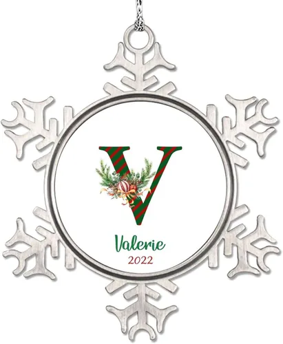 Miniatura 27 de Monograma inicial letra A copo de nieve, adorno de bayas de pino de Navidad para decoración de árbol de Navidad, adornos de Navidad personalizados