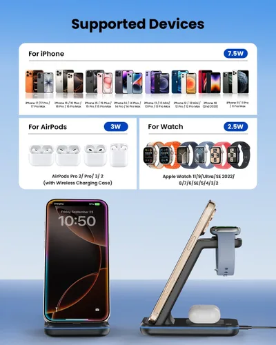 Miniatura 2 de Soporte de cargador inalámbrico, estación de carga inalámbrica rápida 3 en 1 para Apple Watch 11/9/8/7/6/SE/5/4/3/2, Airpods 3/2/Pro, iPhone Negro