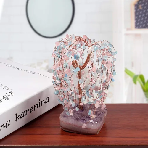 Miniatura 4 de mookaitedecor Árbol de cristal natural de cuarzo rosa y aguamarina con base de cristal de racimo de amatista, figura de árbol de dinero bonsái