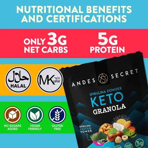 Miniatura 5 de Andes Secret Granola en polvo de espirulina – Almendras, nueces y avellanas – Granola Keto alta en proteínas sin azúcar, granos y gluten – 11 oz