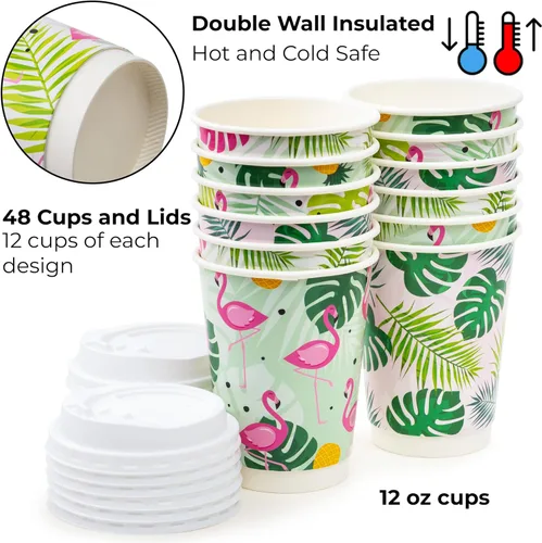 Miniatura 6 de ROYAL BLUEBONNET 48 tazas de café de papel de flamenco con tapas, 12 onzas, lindas tazas de café desechables con tapas con 4 diseños diferentes