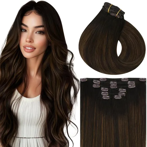 Miniatura 21 de Vivien Extensiones de cabello humano con clip, color negro azabache, extensiones de cabello humano real con pinzas invisibles, doble trama, 14