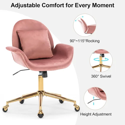 Miniatura 5 de Silla de escritorio de terciopelo rosa para oficina en casa con base dorada para mujeres y niñas, silla giratoria de maquillaje con almohada, silla