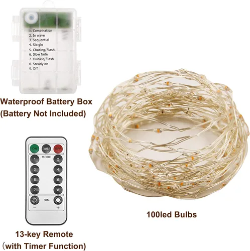 Miniatura 6 de Twinkle Star - Cadena de luces de hadas, 100 LED de 33 pies, funciona con pilas, impermeables con control remoto, temporizador y 8 modos