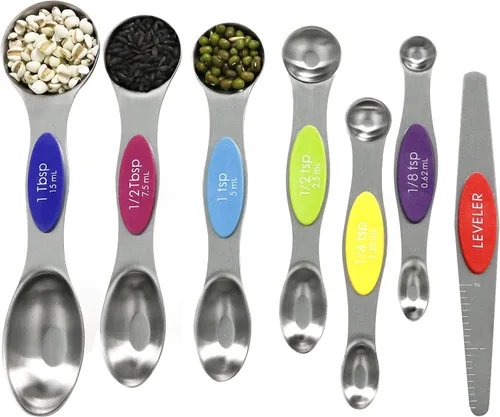 Miniatura 12 de Juego de cucharas medidoras magnéticas de acero inoxidable con nivelador de 9 piezas, tazas medidoras apilables para hornear - Juego de tazas