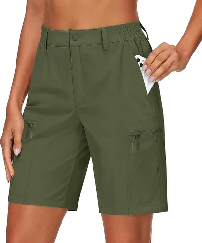 TACVASEN Pantalones cortos de senderismo para mujer, ligeros, para exteriores, para pesca, campamento, escalada, color verde militar, talla M
