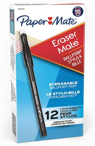 Miniatura 5 de Paper Mate EraserMate - Bolígrafo borrable, punta media, color negro, caja de 12