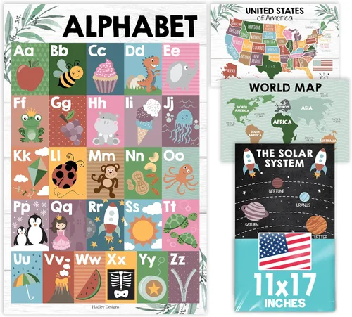 Miniatura 10 de Hadley Designs 4 carteles del alfabeto, mapa de Estados Unidos, mapa del mundo y sistema solar, gráficos ABC laminados para decoración de pared