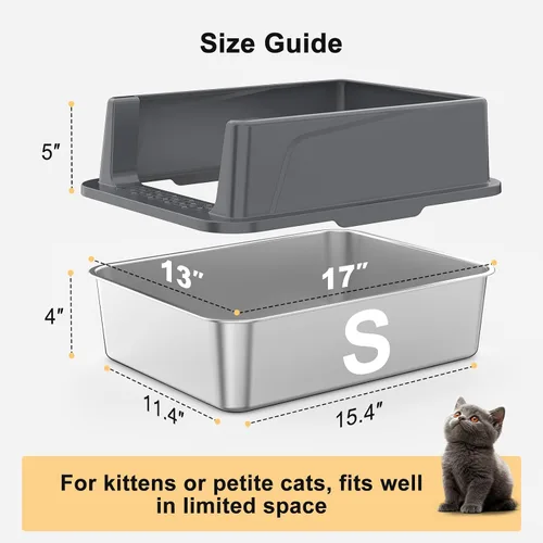 Miniatura 8 de FURTIME Caja de arena para gatos de acero inoxidable, caja de arena de metal de alta cara fácil de limpiar, bandeja de arena abierta para gatos