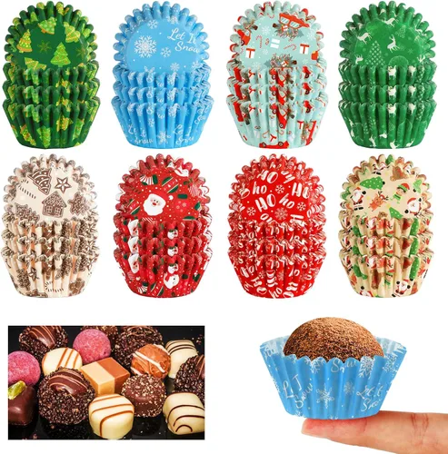 Miniatura 9 de AUGSUN 800 piezas de mini moldes para cupcakes de Navidad, envolturas para cupcakes con diseños de Santa, muñeco de nieve, bosque, moldes mini