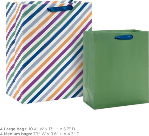 Miniatura 3 de Hallmark Surtido de Bolsas de Regalo Sólidas (8 Bolsas: 4 Medianas 9", 4 Grandes 13") Azul, Verde, Naranja, Cheers, Rayas