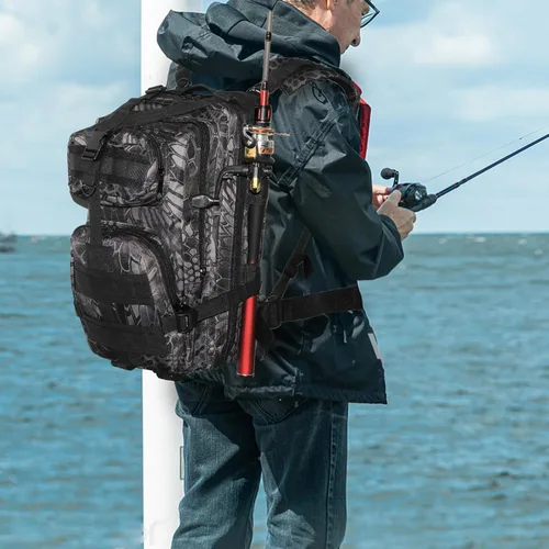 Miniatura 7 de Mochila ligera para aparejos de pesca, resistente al agua, soporte para caña de pescar todo en uno y almacenamiento de equipo Negro