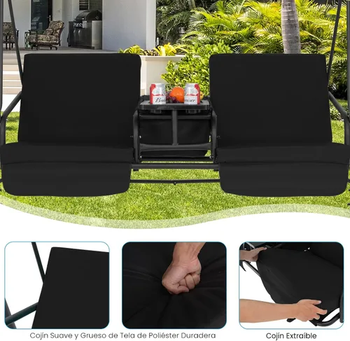 Miniatura 6 de Tangkula Columpio de porche para 2 personas, columpio al aire libre con mesa de almacenamiento pivotante, bolsa refrigerante, 2 soportes para tazas