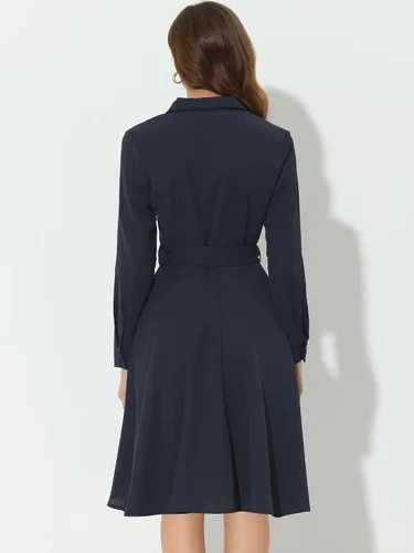 Miniatura 4 de Allegra K Vestido de trabajo para mujer, con cuello de solapa, cinturón y botones hasta la rodilla