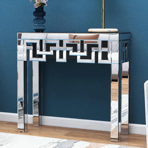Miniatura 5 de Mesa consola moderna plateada con espejo, mesa de sofá de cristal con incrustaciones de cristales triturados, mesa de entrada de 35 pulgadas