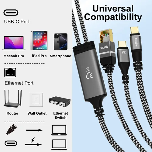 Miniatura 7 de Cable Ethernet a USB-C, 6 pies, cable tipo C a RJ45 con USB-C macho, carga rápida PD de 100 W, Gigabit, para MacBook Surfing Internet