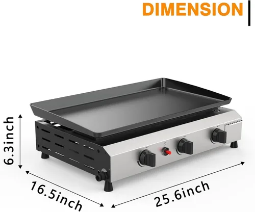 Miniatura 5 de Parrilla de gas para barbacoa de 3 quemadores, 25.6 pulgadas de acero inoxidable portátil a propano, parrilla plana de 30,000 BTU para acampar