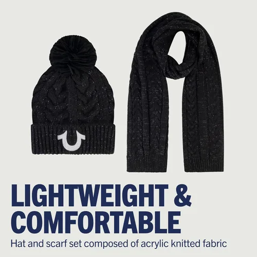 Miniatura 4 de True Religion Conjunto de gorro y bufanda para mujer, gorro de punto con puños de invierno con pompón de cable lúrex y gorro de bufanda
