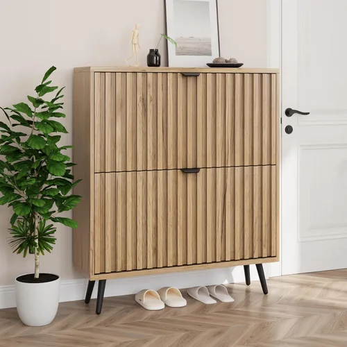 Miniatura 11 de Smuxee Armario de zapatos con 2 cajones abatibles, gabinete de almacenamiento de zapatos oculto natural de 23.6 pulgadas con diseño estriado