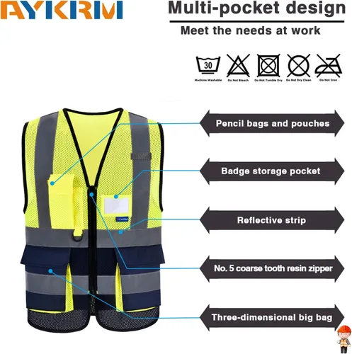 Miniatura 4 de A-SAFETY - Chaleco de seguridad de alta visibilidad con 4 bandas reflectantes y 7 bolsillos, malla color amarillo y azul marino, talla XS Malla