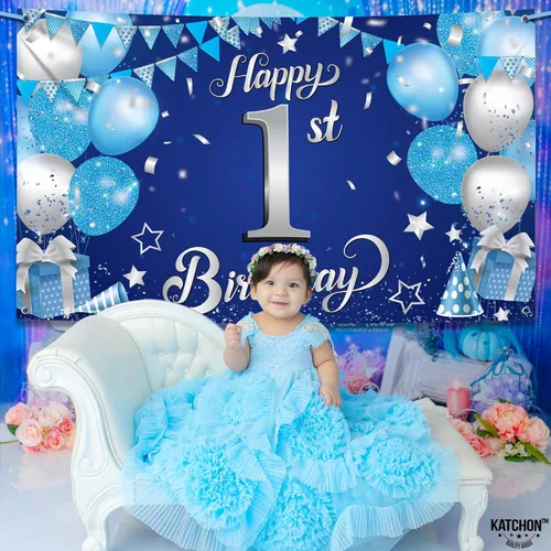 Miniatura 7 de KatchOn, Cartel de feliz primer cumpleaños para niño, 72 x 44 pulgadas, Xtralarge, telón de fondo azul y plateado para el primer cumpleaños