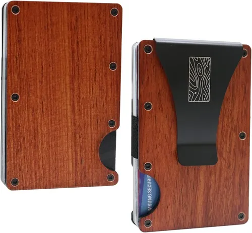 Miniatura 2 de Billetera delgada de madera recicladatarjetero con clip para dinero, bloqueo RFID, Madera de cerezo, Madera