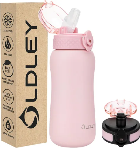 Miniatura 43 de Botella de agua aislada Oldley de 12 oz con pajita, botella de agua de acero inoxidable con 2 tapas, botellas de doble pared con vacío para adultos