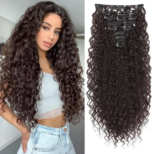 Miniatura 8 de LONAI Extensión de Cabello, 9 piezas, 56 cm de largo, castaño, extensiones de cabello rizadas con pinza, LN002, extensiones de cabello sintético