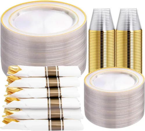 Miniatura 20 de Juego de vajilla de 350 piezas de color oro rosa de DaYammi – Incluye: 50 platos de cena de 26 cm, 50 platos de postre de 19 cm, 50 cubiertos de oro