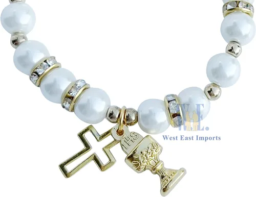 Miniatura 6 de 12 pulseras de perlas elásticas para la primera comunión con cáliz de metal dorado y dijes de cruzrecuerdos para la primera comunión