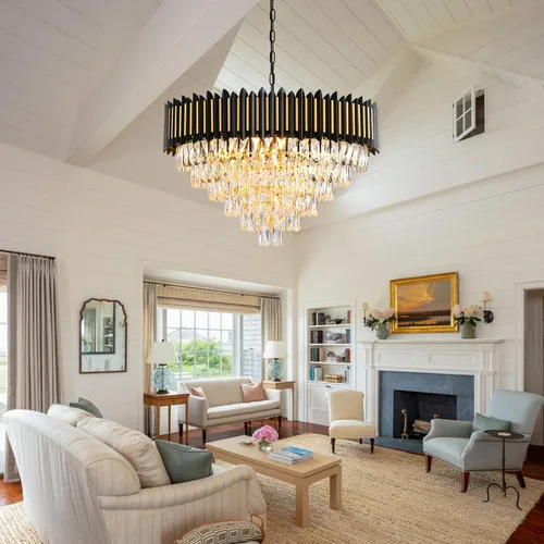 Miniatura 4 de Candelabro moderno de cristal negro y dorado de 15 luces para comedor, sala de estar, redondo, 6 niveles, contemporáneo, colgante de techo, lámpara