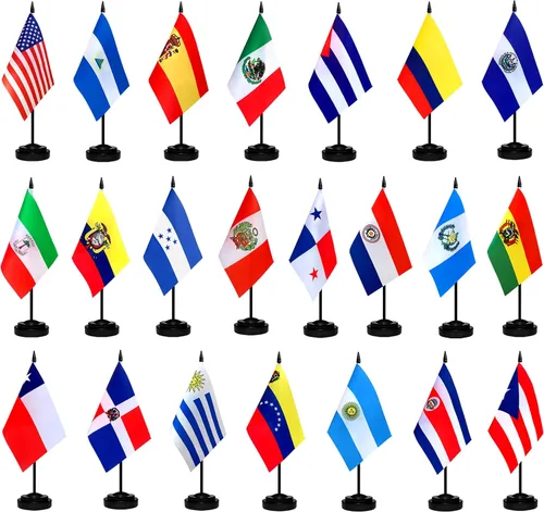 Juego de banderas de escritorio de habla hispana de 22 países pequeños, mini banderas latinoamericanas para decoraciones del mes hispano, 5 x 8