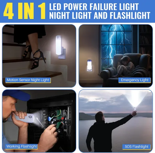 Miniatura 7 de Paquete de 2 luces LED de fallo de alimentación, 4 en 1 linternas recargables enchufables con detección de movimiento, luces LED de emergencia