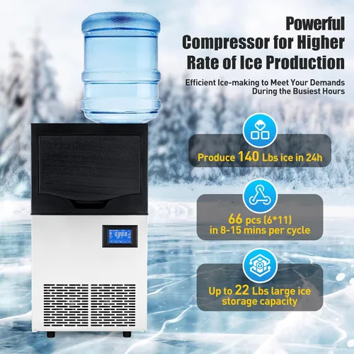 Miniatura 3 de Máquina comercial para hacer hielo de 140 libras/24 horas, 2 modos de entrada de agua y contenedor de almacenamiento de hielo de 22 libras, 66 cubos