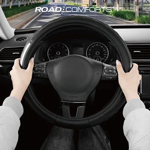 Miniatura 5 de Road Comforts Funda de Cuero para Volante – Negro y Negro, Ajuste Universal 14.5-15 Pulgadas, Cuero de Microfibra, Diseño Antideslizante