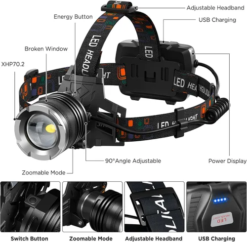 Miniatura 7 de NJ FOREVER - Linterna frontal LED recargable, 3000 lúmenes, súper brillante, con 5 modos, ajustable a 90°, recargable por USB, impermeable