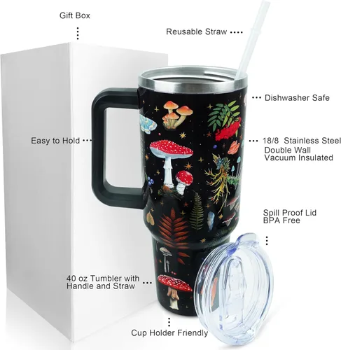 Miniatura 2 de Lindo vaso de 40 onzas con asa y tapa con popote a prueba de fugas, taza de viaje para café con asa aislada para bebidas frías y calientes, regalos
