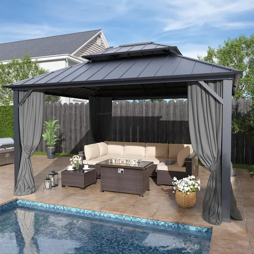 Miniatura 23 de Kullavik Gazebo de parrilla de techo rígido de 8 x 5 pies, gazebo para barbacoa al aire libre con techo de acero galvanizado y gancho de techo