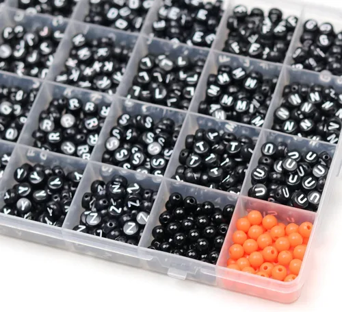 Miniatura 5 de Melius Cuentas de letras acrílicas negras con cuentas redondas negras y naranjas, 1450 cuentas redondas del alfabeto en caja de 28 cuadrículas