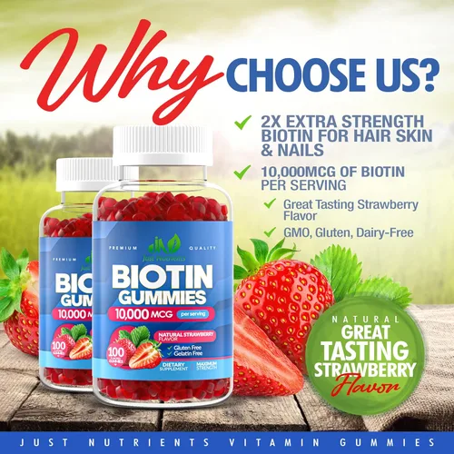 Miniatura 2 de Biotin - Gomitas de 10,000 mcg para el crecimiento del cabello, la piel y las uñas (100 unidades) – 2 vitaminas de biotina de máxima fuerza