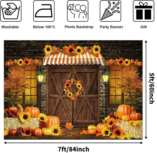 Miniatura 2 de Avezano Telón de fondo de otoño para fotografía, girasoles de otoño, calabazas, cosecha, Acción de Gracias, fondo de foto rústico, puerta