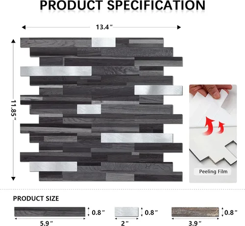 Miniatura 3 de Midcard Azulejos adhesivos para salpicaduras de 10 hojas, azulejos para cocina, baño, lavandería, cámper, chimenea. 20Trapezoidal Negro Gris Madera