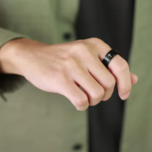 Miniatura 3 de Ropartman Anillo giratorio de acero inoxidable para hombres, anillos plateados y negros para la ansiedad, anillo de cruz de oración para aliviar